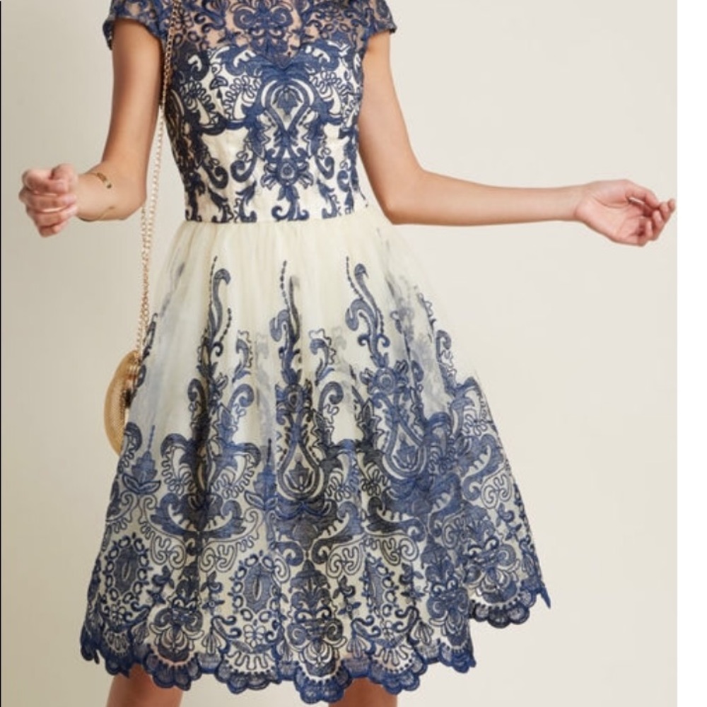 Chi chi London mid ivory navy lace dress